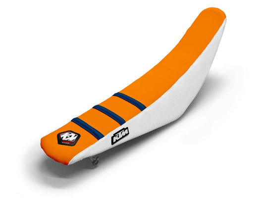 Sitzbezug, weiß/orange/marineblau, 3-Rippen - KTM EXC 125 (2008-2016)